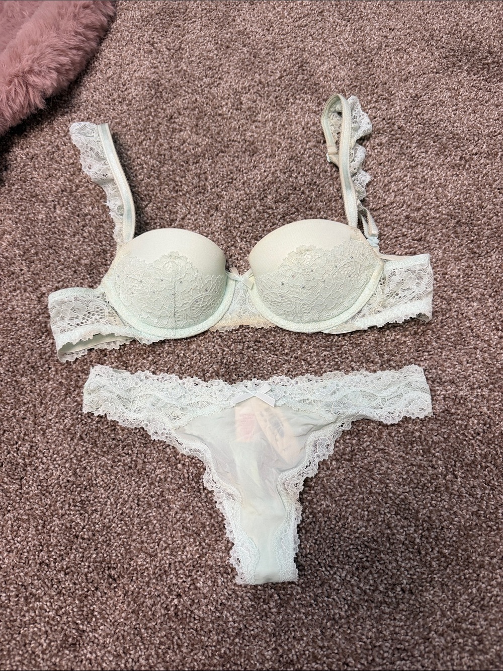 VS Lace Demi Push Up Bra and Thong Set in mint green with rhinestones